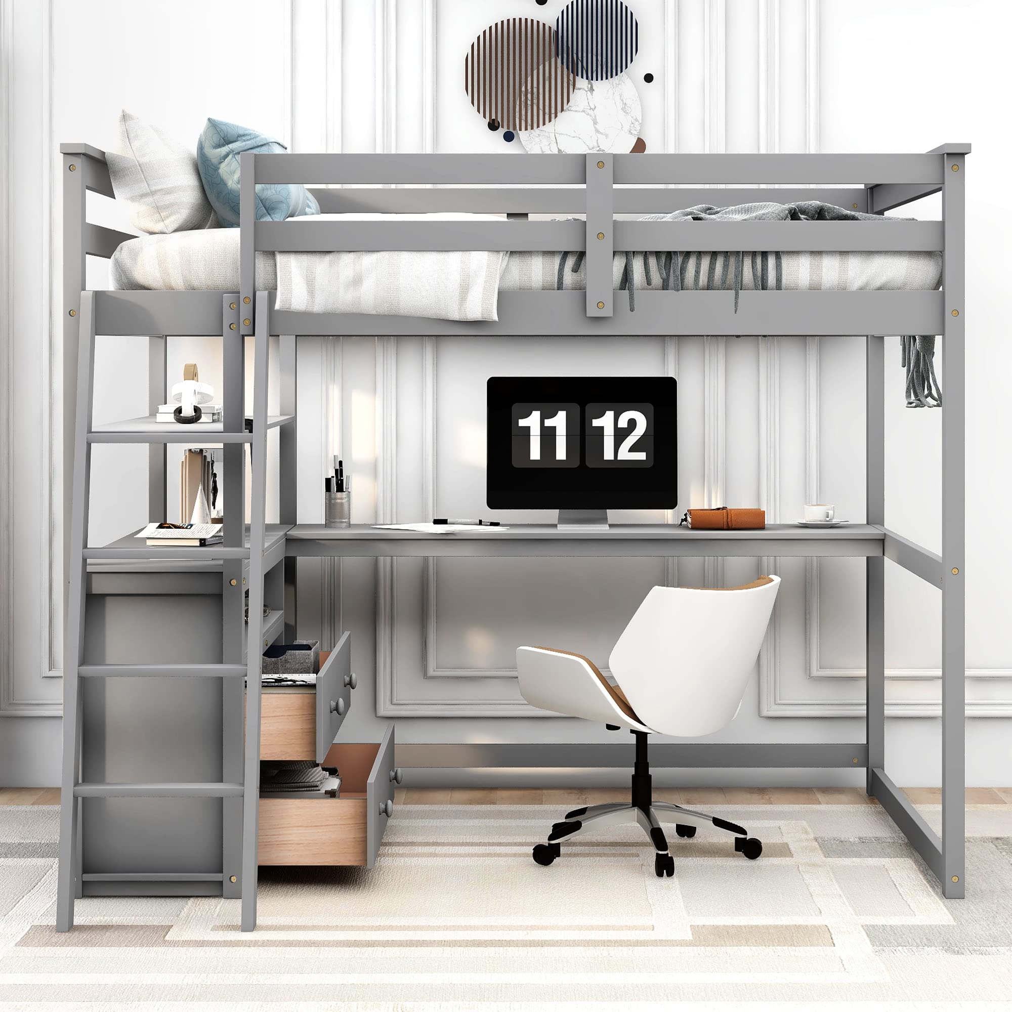 Full Size Loft Bed with Desk Wood Loft Bed Frame with Shelves, and 2 Built-in Drawers