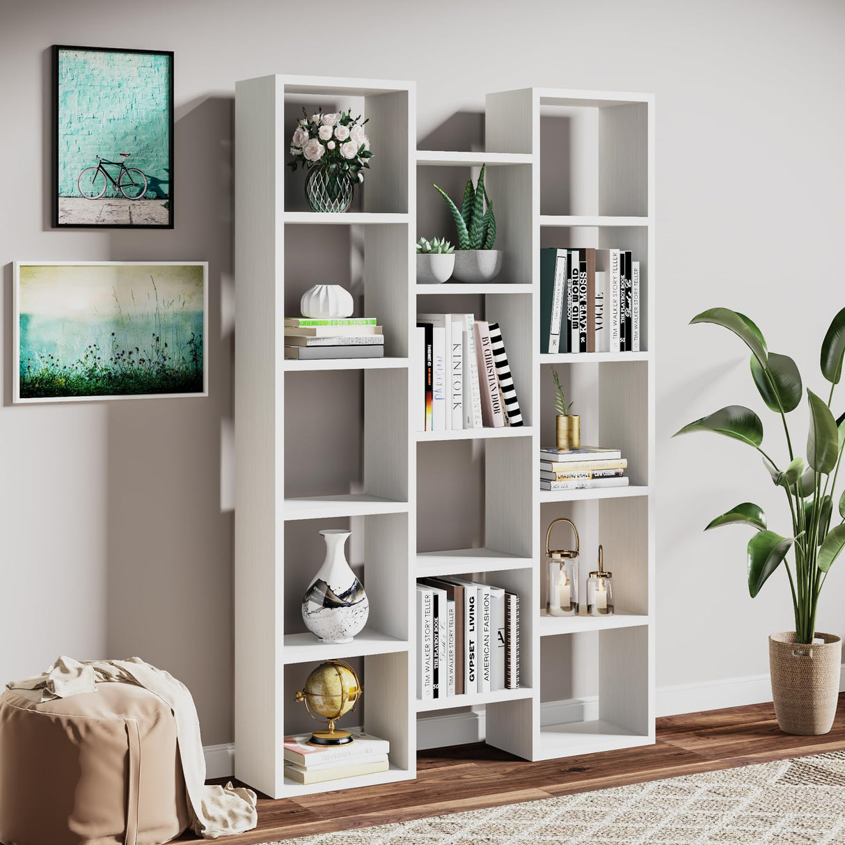 Modern Bookcase, 5-Shelf Storage Organizer Bookshelf with 14-Cube Display Book Shelf