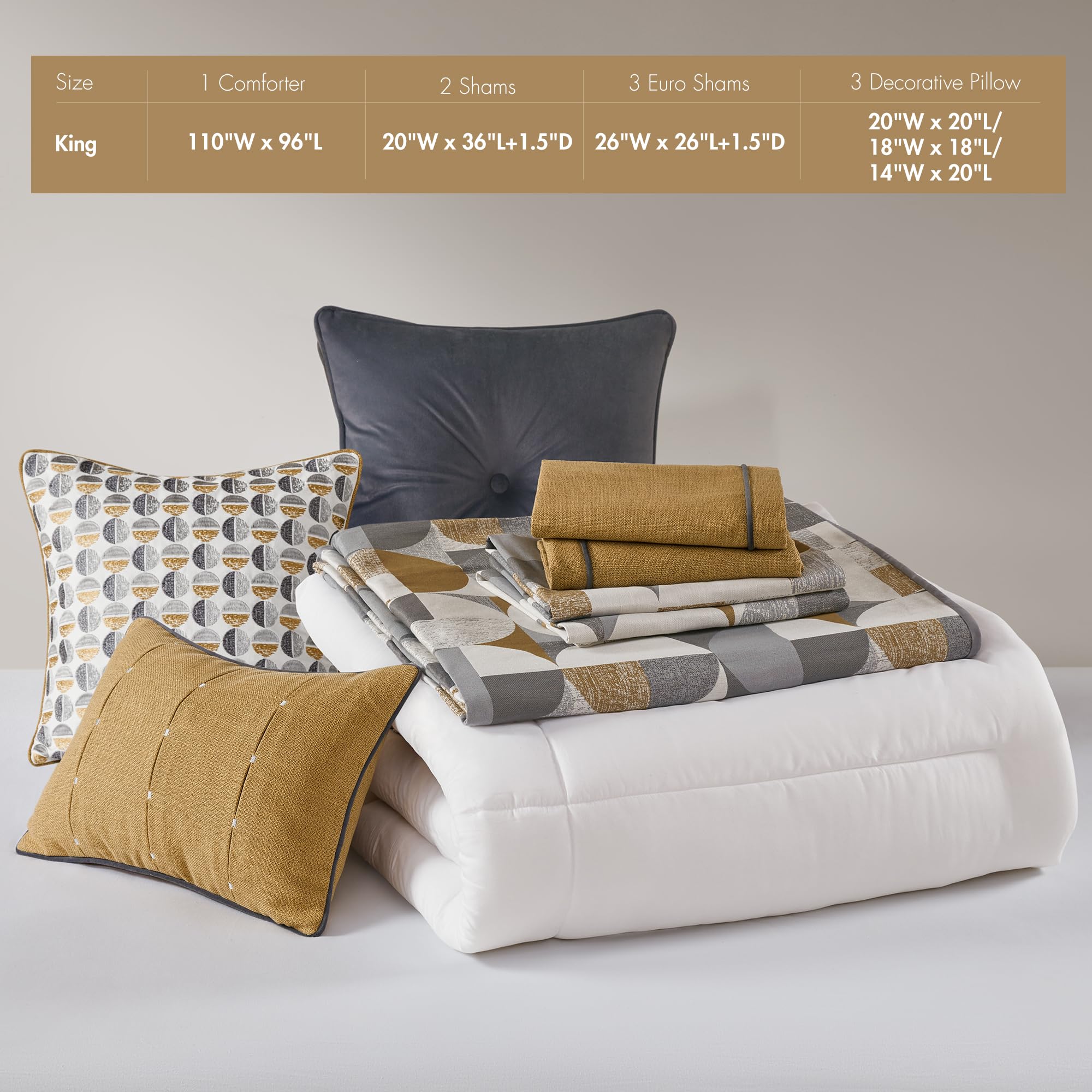 King Comforter Set - Jacquard Scandinavian Geometric Oversized 9 Piece Gold