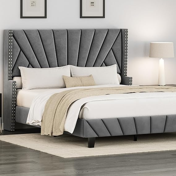 Grey Queen Upholstered Platform Bed Frame with Tall Tufted Headboard