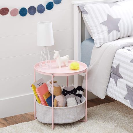 Round Storage End Table, Side Table with Cloth Basket, Dusty Pink