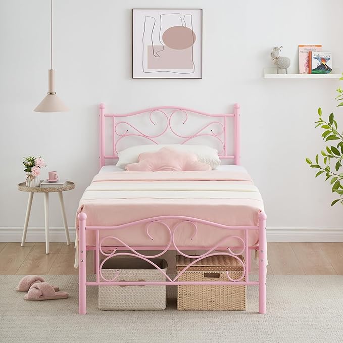 Twin Bed Frames, Twin Size Bed Frame with Headboard, Heavy Duty Mattress Foundation with Steel Slats Support, No Box Spring Needed, White