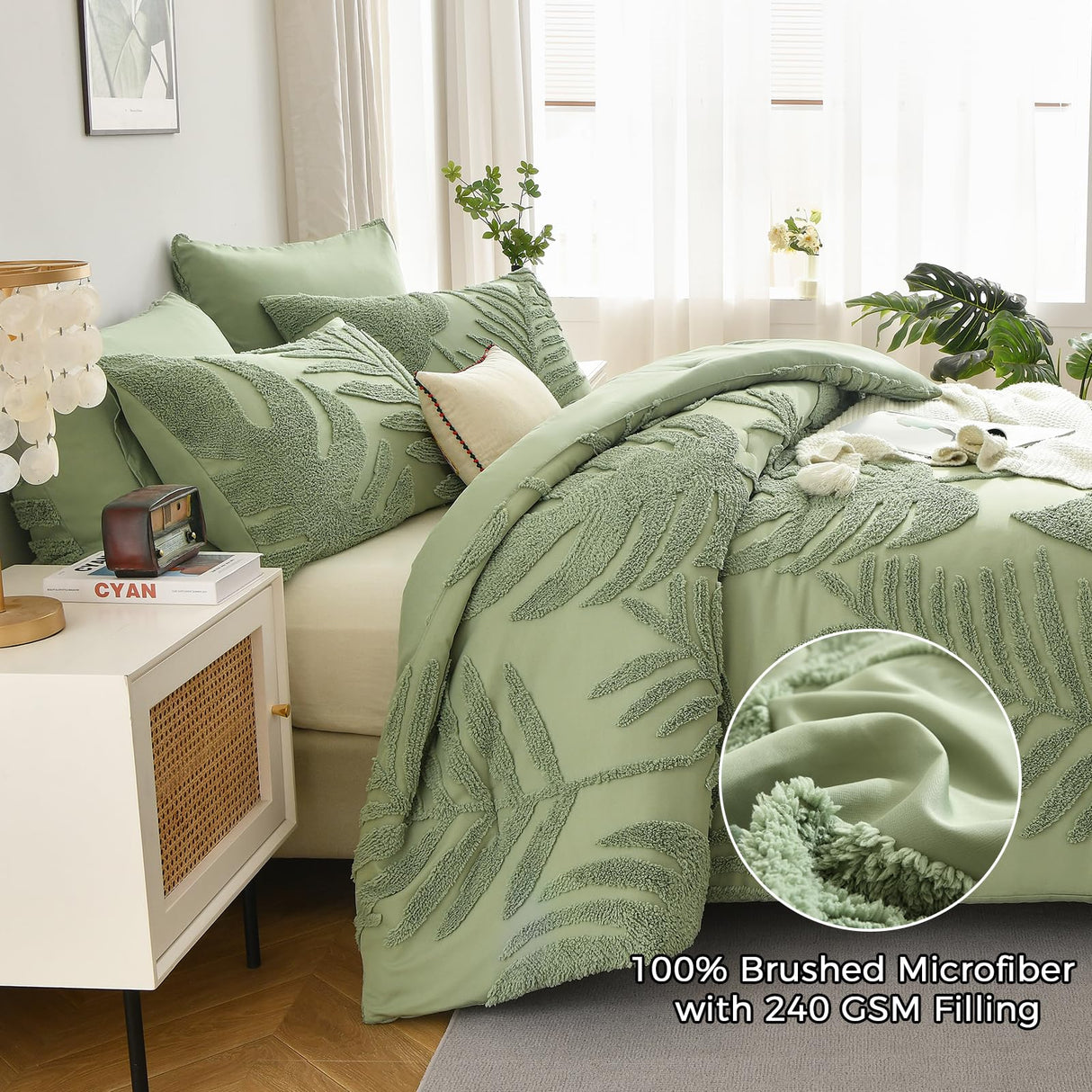Floral Tufted Lightweight Bedding Comforter Set,Soft Botanical Palm Leaf Pattern Bed Set