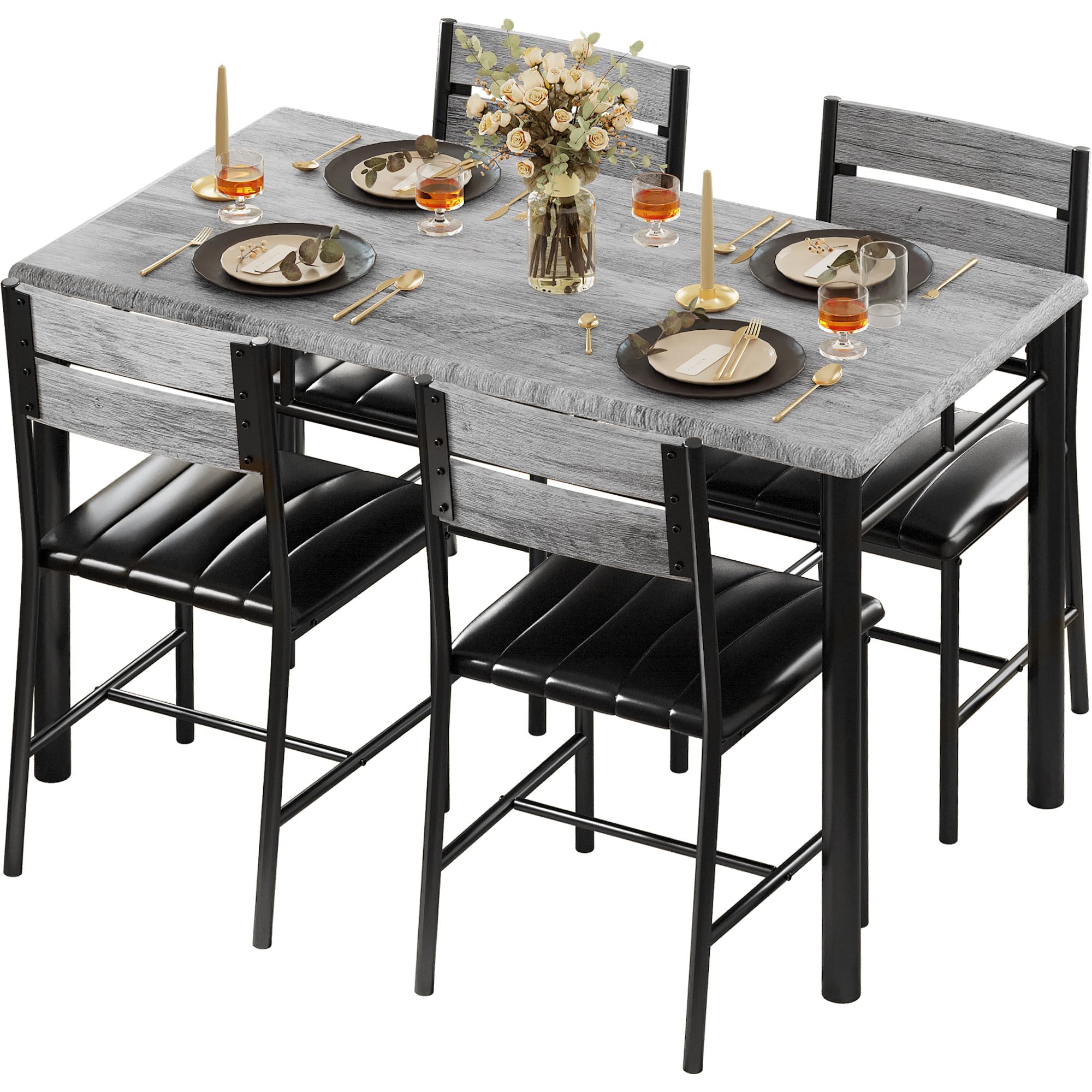 4-Piece Dining Table Set with Upholstered Chairs - Grey Wood Kitchen Table