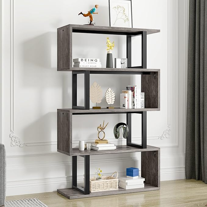 5-Tier Bookshelf, S-Shaped Z-Shelf Bookshelves and Bookcase, Modern Freestanding Multifunctional Decorative Storage Shelving for Bedroom Living Room Home Office, Gold