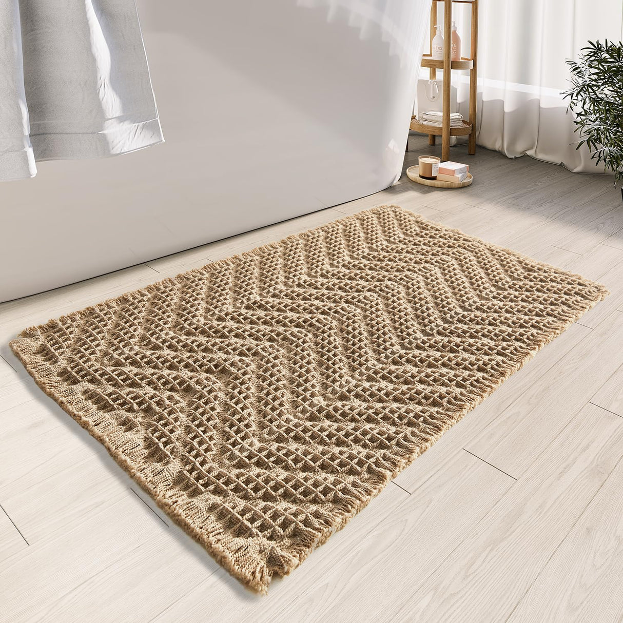 BULULOM Bathroom Floor Mat,Boho Bath Mat,Super Absorbent Bath Mat,Bathroom Rugs Non Slip Washable, Quick Dry Shower Mats, Ultra Soft Bath Mat Towel,Brown,18"*30"