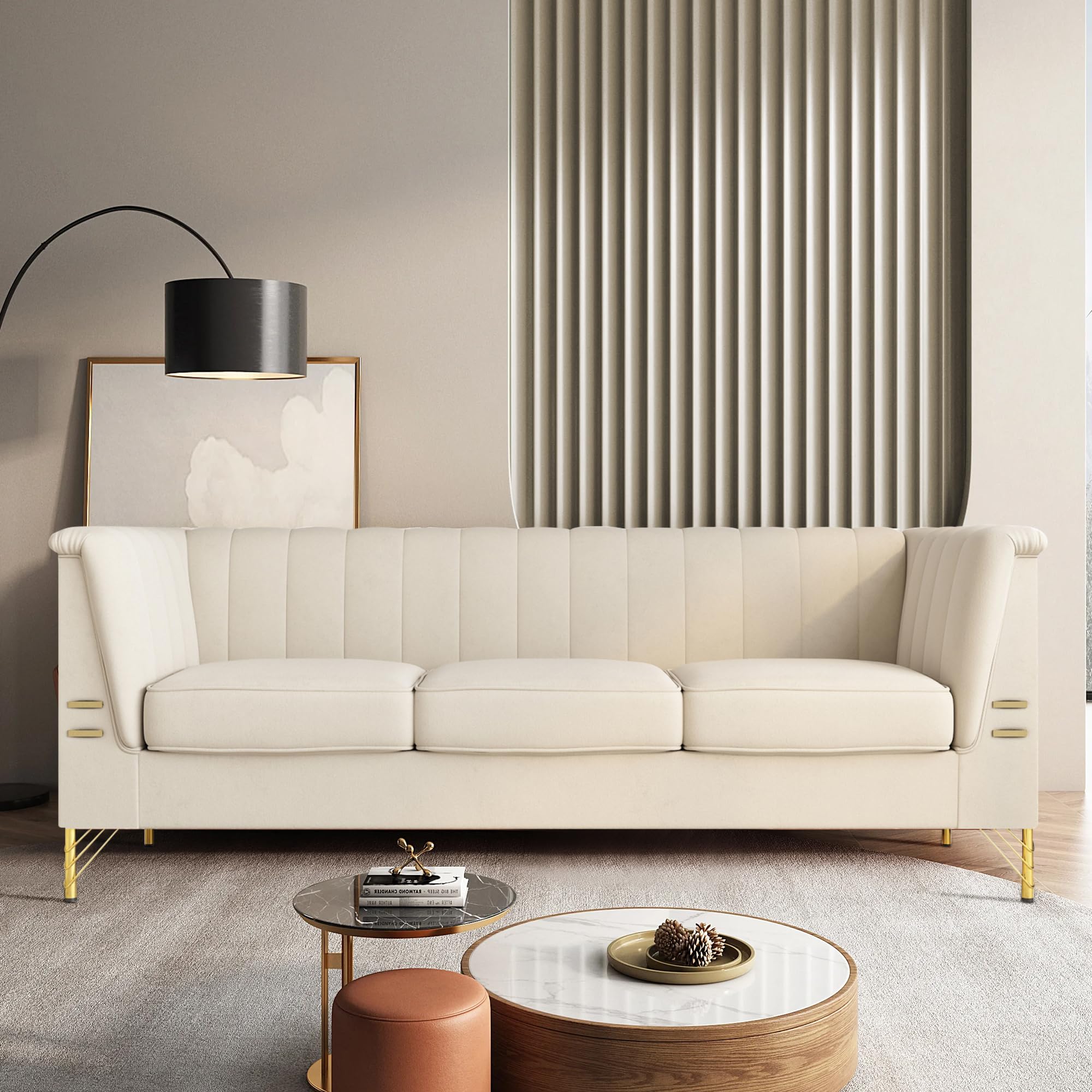 WeaArco 83 Inches 3 Seater Couch,Modern Velvet Sofa Couch with Gold Metal Legs,Mid-Century Modern Couch High Arm for Living Room,Bedroom,Office (Beige)