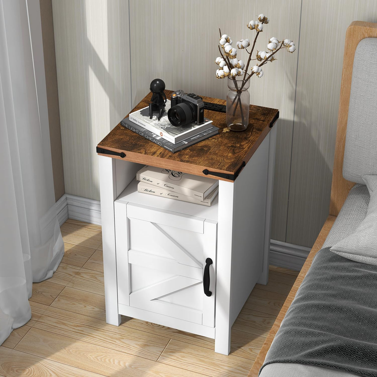 End Table with Charging Station, Farmhouse Nightstand with Barn Door,