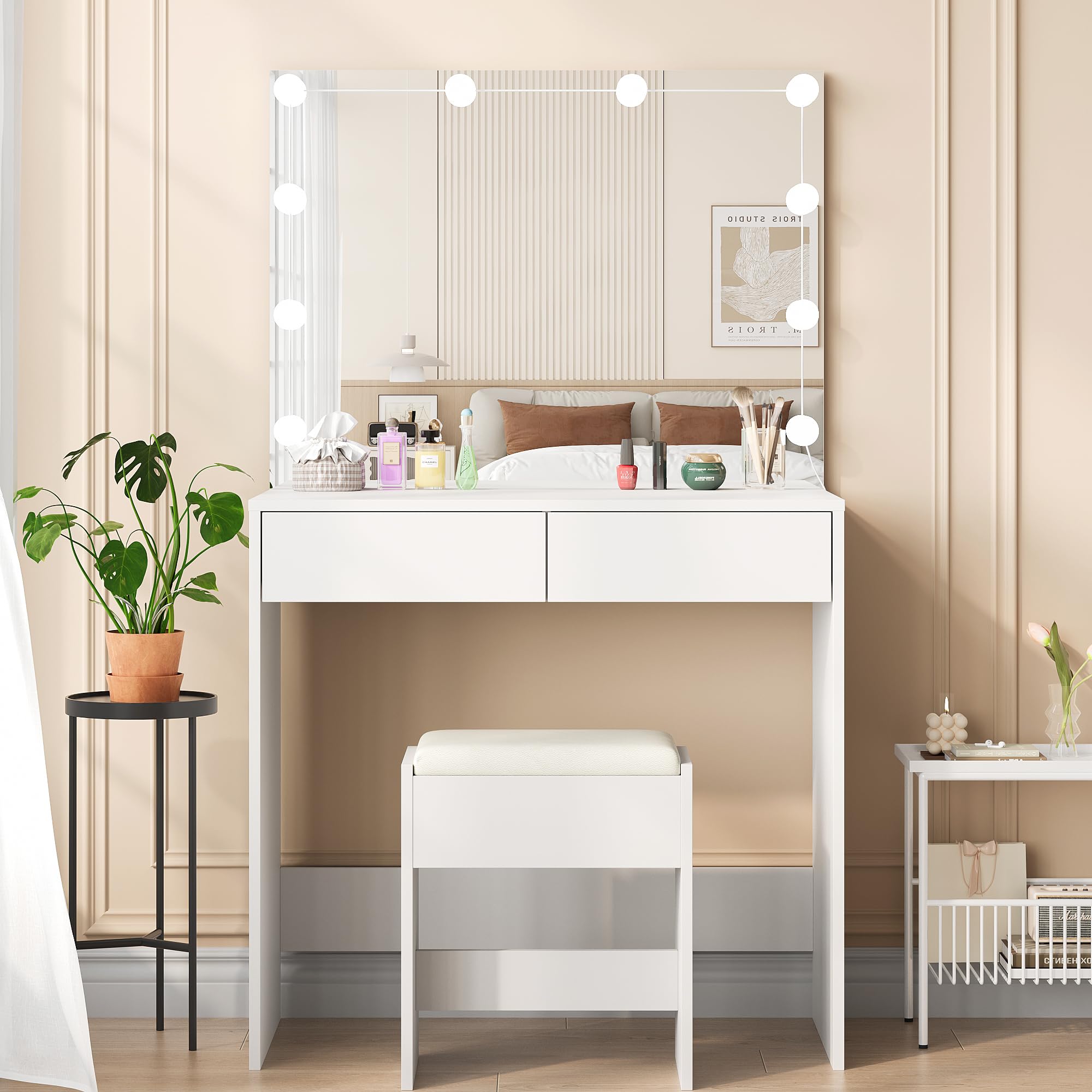 Vanity Desk with Large Mirror and Lights, 35.1 Inch Makeup Vanity Table with 3 Lighting Color Adjustable