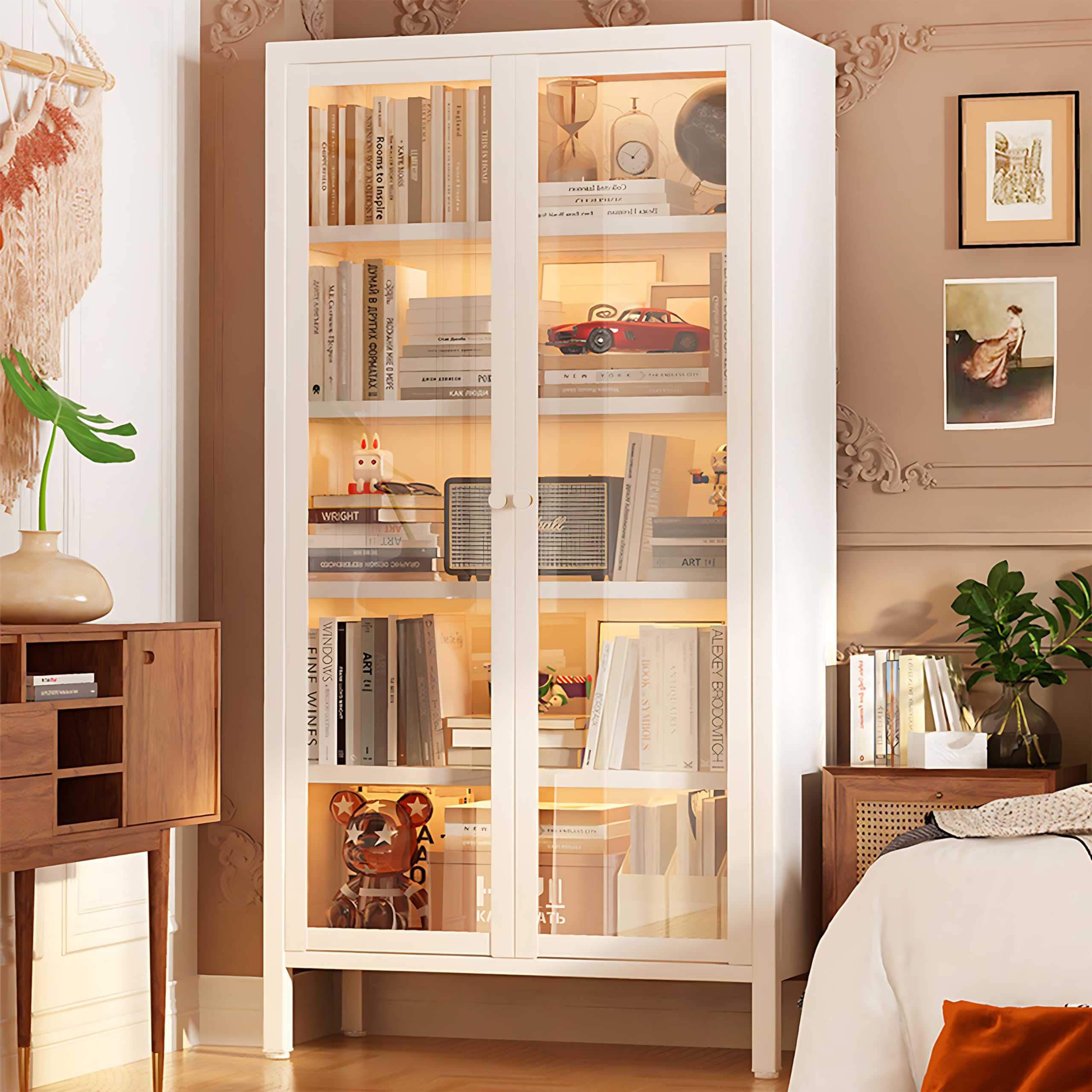 Display Cabinet Bookcase, Metal Storage Cabinet with 2 Doors & 4 Adjustable Shelves, Modern Floor Utility Locker Cabinet for Office, Living Room, Utility Room