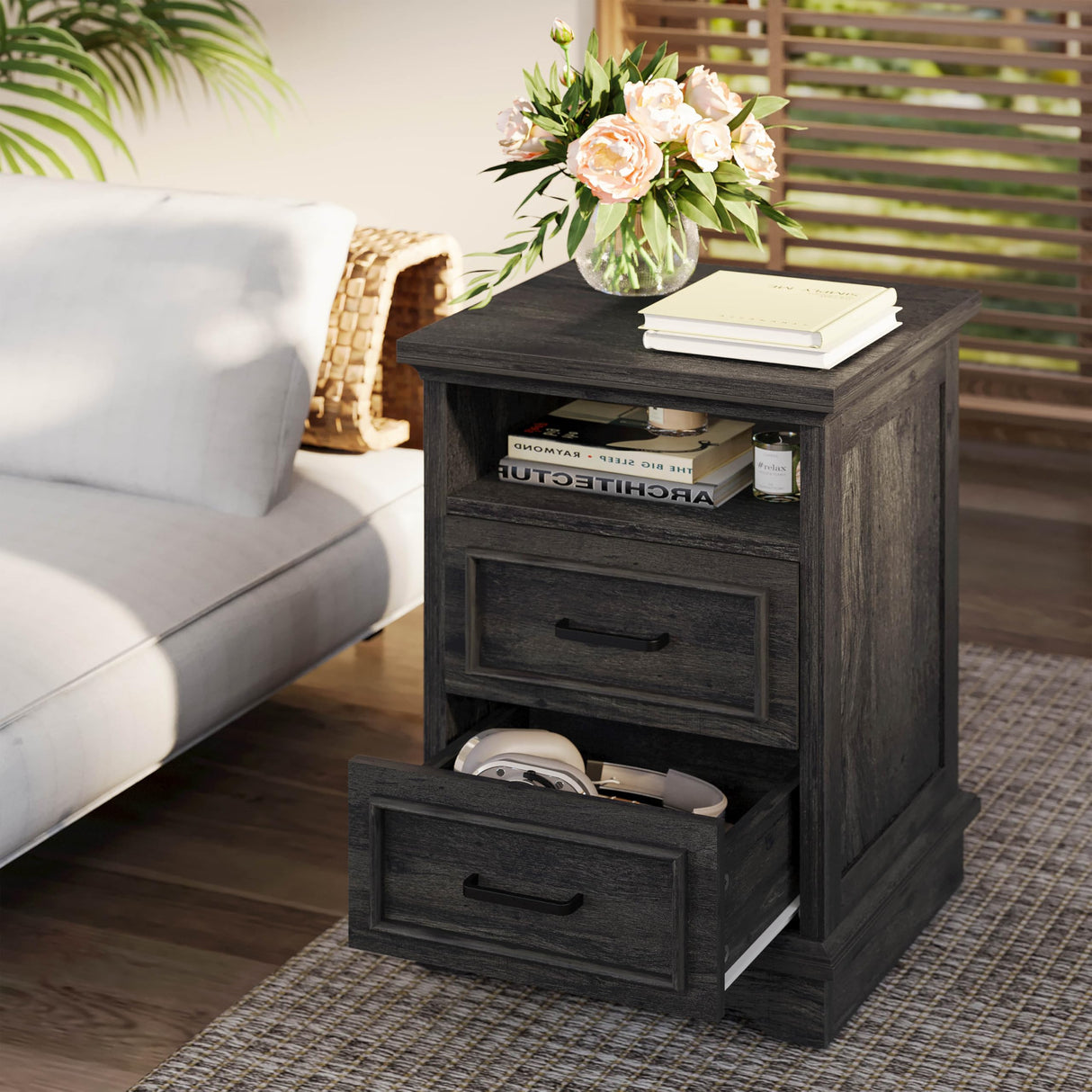 Farmhouse Nightstand with Storage Drawers and Open Shelf, Small End Tables Living