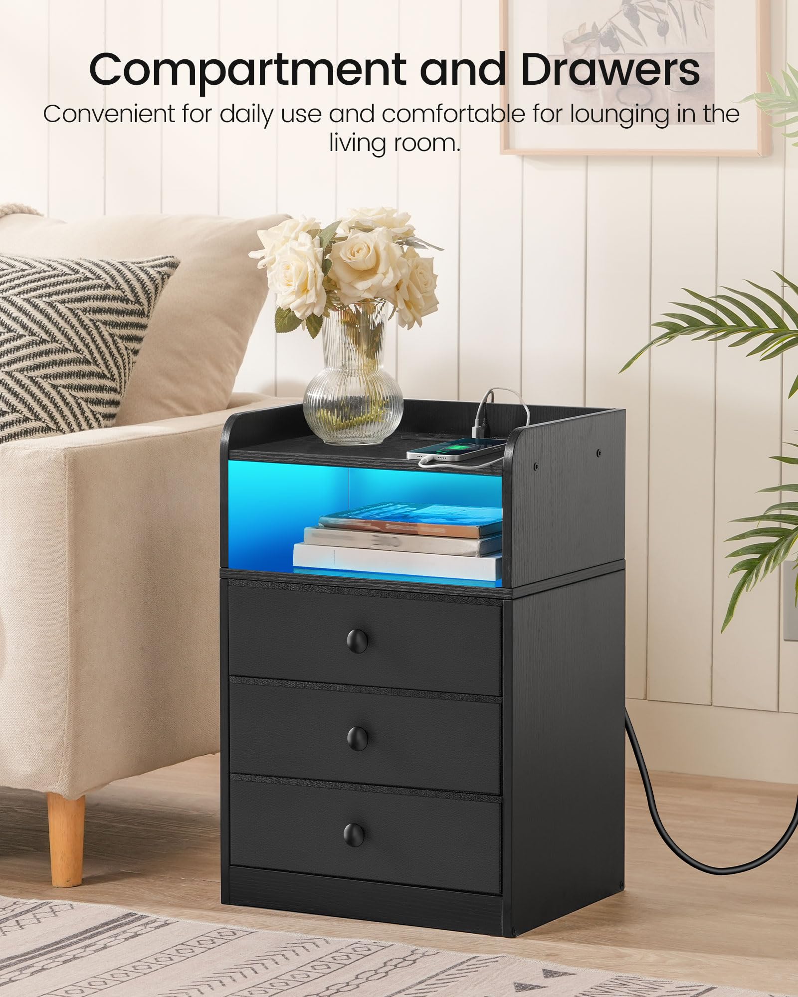 CHOEZON Nightstand with Charging Station and LED Light, Side Table