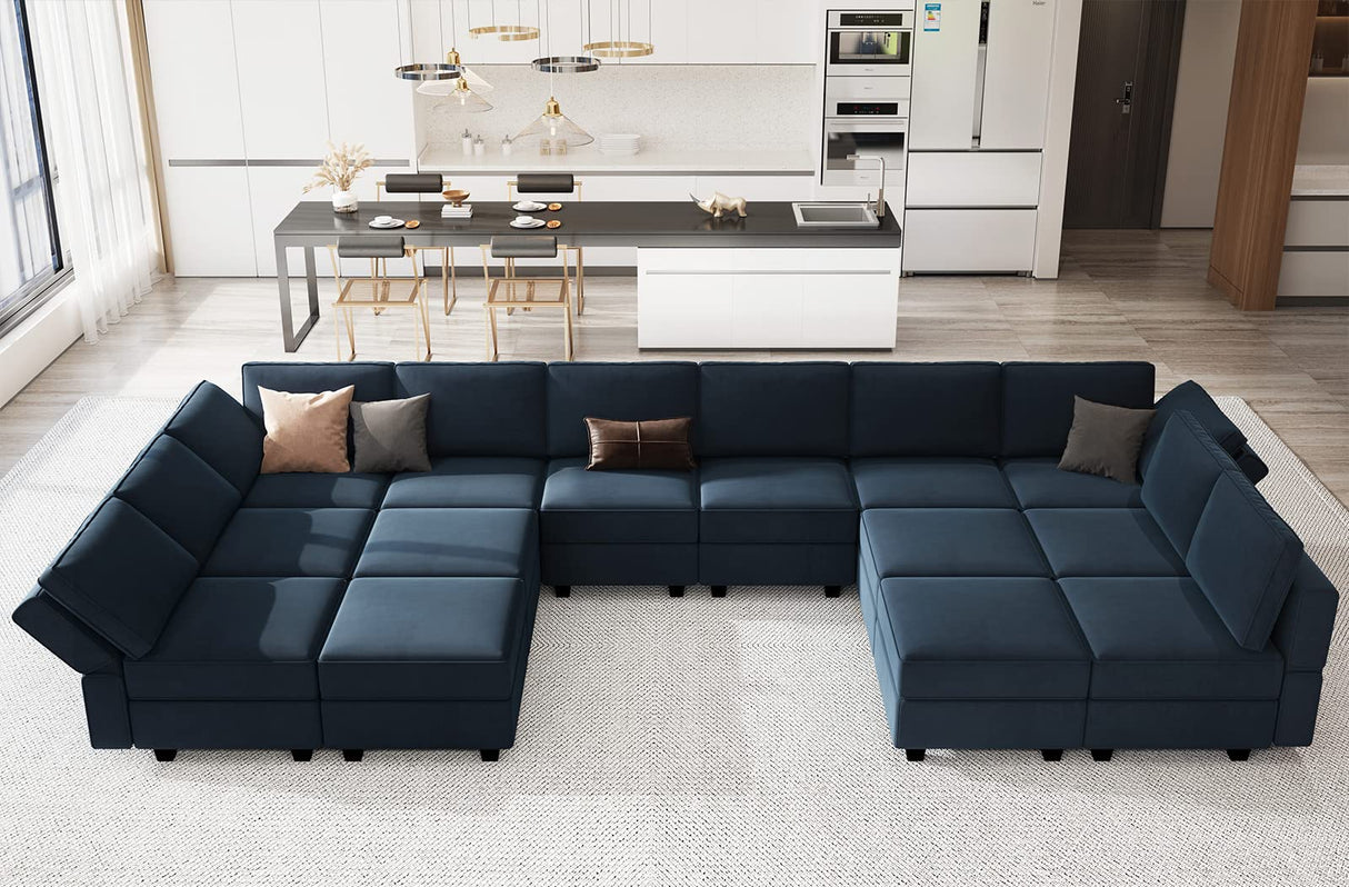 Modular Sectional Sofa with Ottoman, Velvet L-Shape Corner Sofa Set, 7-Seater, Blue