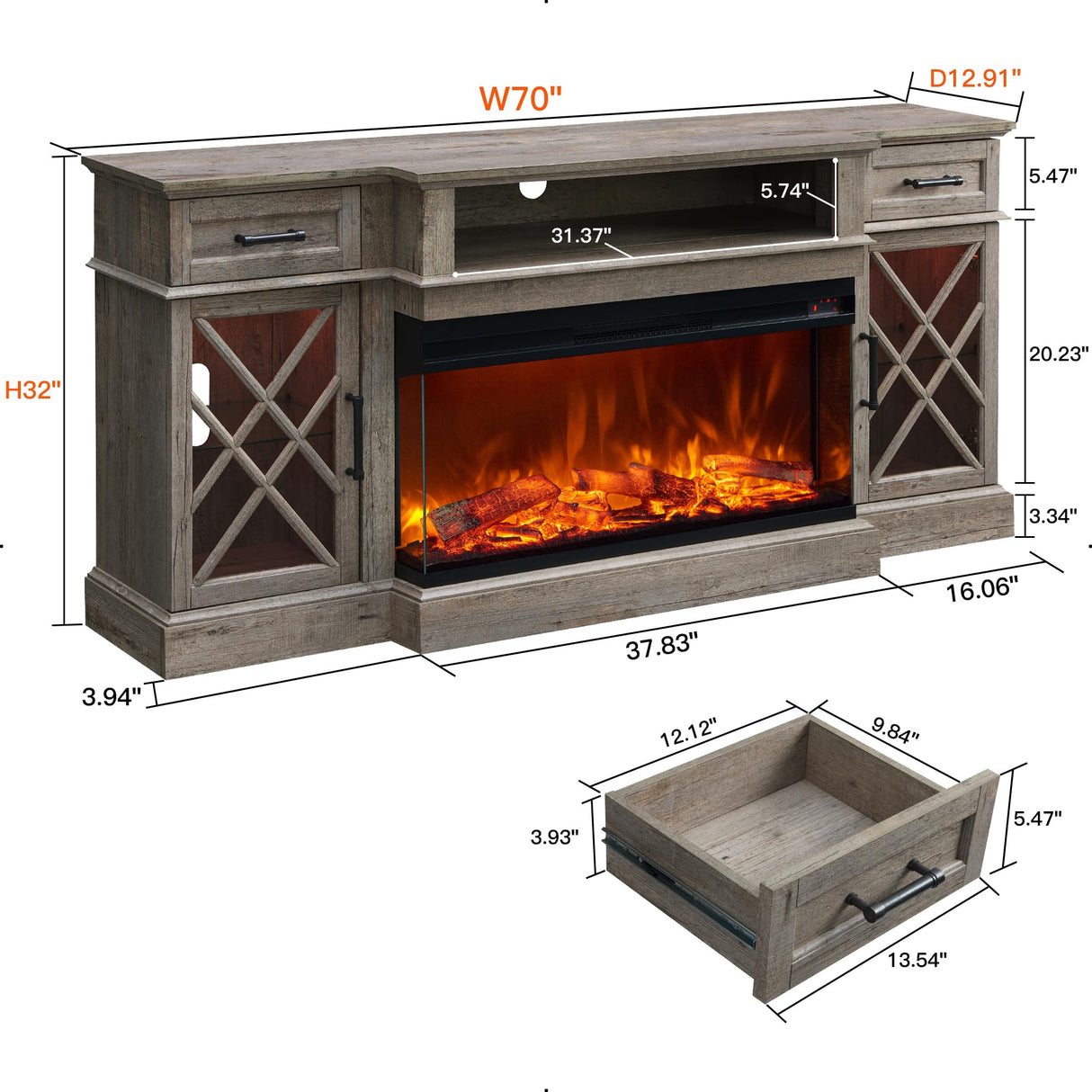 3-Sided Glass Farmhouse Fireplace TV Stand for TVs up to 80'', Highboy Entertainment