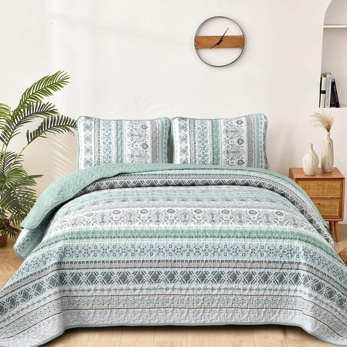 Boho Quilt Set Queen Size,3 Piece Mint Green Bohemian Striped Bedspread Coverlet Set