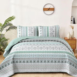 Boho Quilt Set Queen Size,3 Piece Mint Green Bohemian Striped Bedspread Coverlet Set
