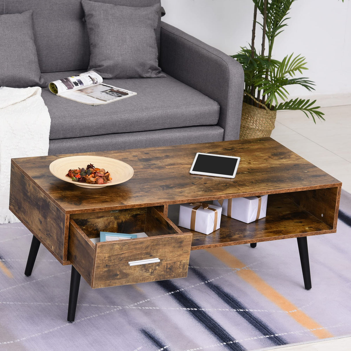 43" Mid-Century Modern Coffee Table with Drawer and Shelf, Cocktail Center Table