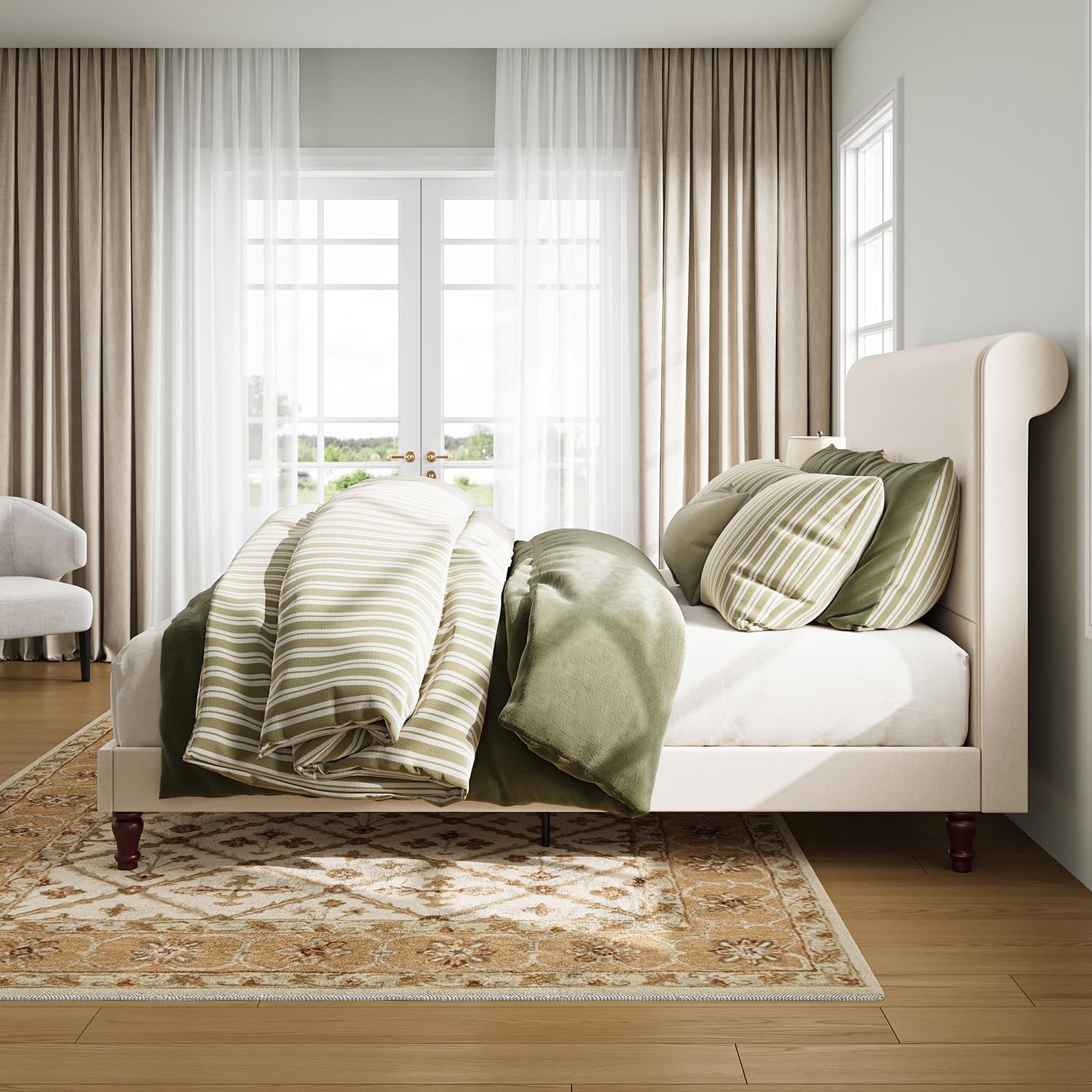 PNZOZO Queen Size Bed Frame with Headboard Upholstered Sleigh Bed Frame Platform Bed Frame No Box Spring Needed | Wood Slats | Cream White Easy Assembly