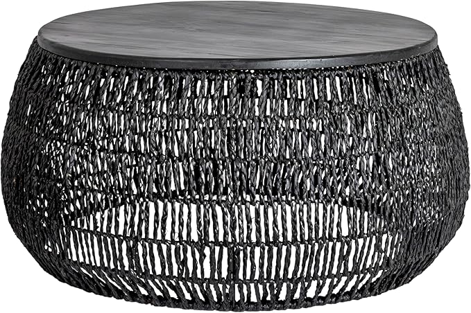 Hand-Woven Seagrass and Pine Wood Round Side Table, Natural