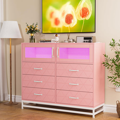 6 Drawer Dresser with 2 Doors, Dresser for Bedroom with LED Lights