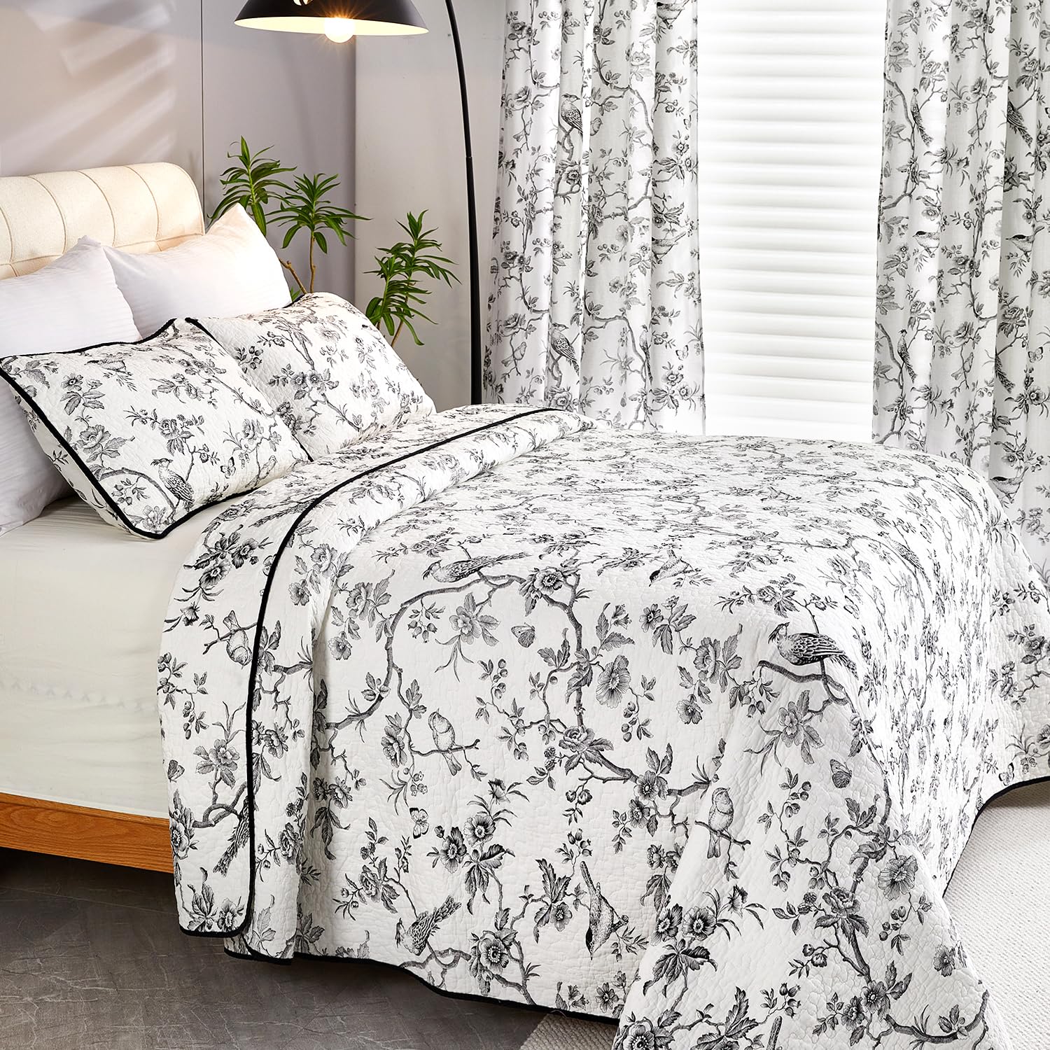 100% Cotton Quilt Queen Size - Black Bird Reversible Coverlet Set 3 Pieces