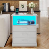 Nightstand with Charging Station and LED Lights, Large Bedside Table with 3 Storage Drawer