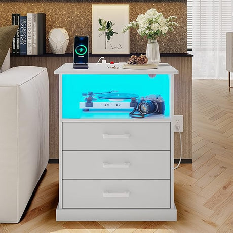 Nightstand with Charging Station and LED Lights, Large Bedside Table with 3 Storage Drawer