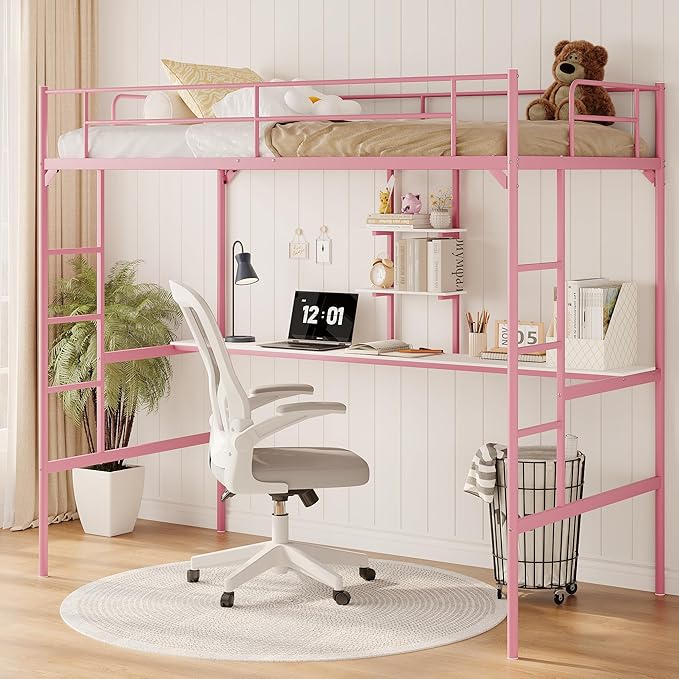 Twin Size Loft Bed with Desk, Multifunctional Metal Loft Bed Frame with Ladder and Full