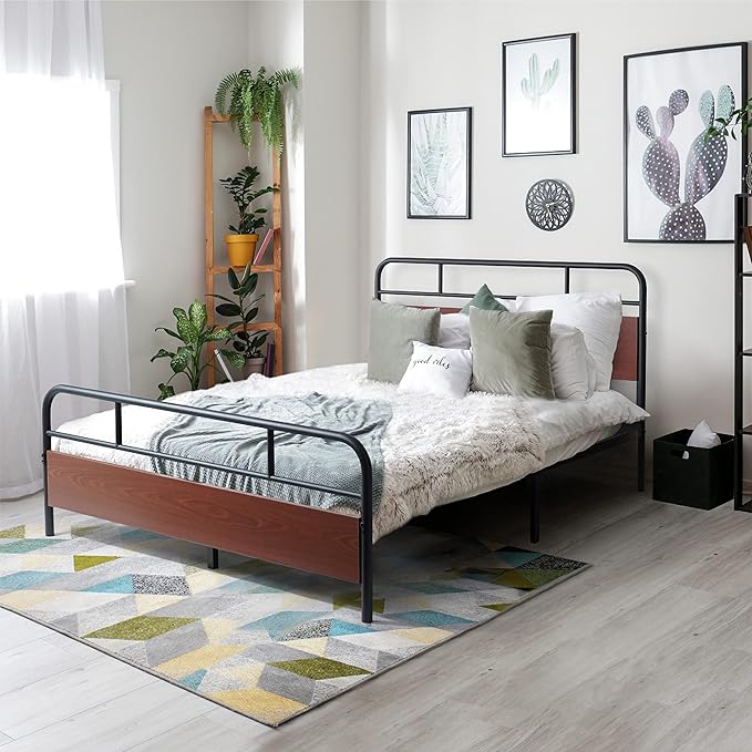 with Wooden Headboard and Footboard, Metal Platform Bed with Premium Steel Frame,