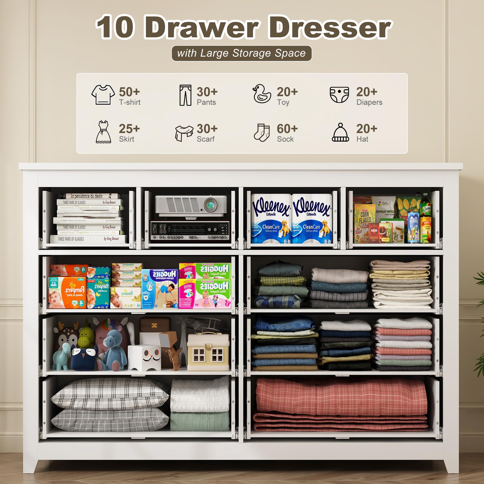 White Dresser, Dresser for Bedroom with 10 Drawers Wood Dresser with Smooth Metal Rail