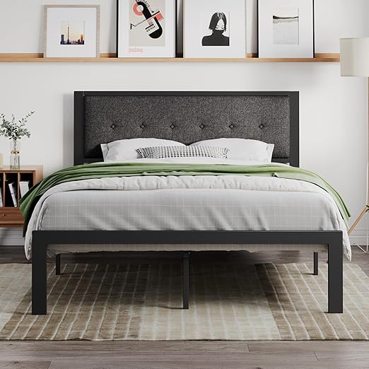 Twin Size Bed Frame with Upholstered Headboard, Platform Bed Frame with Metal Slats,