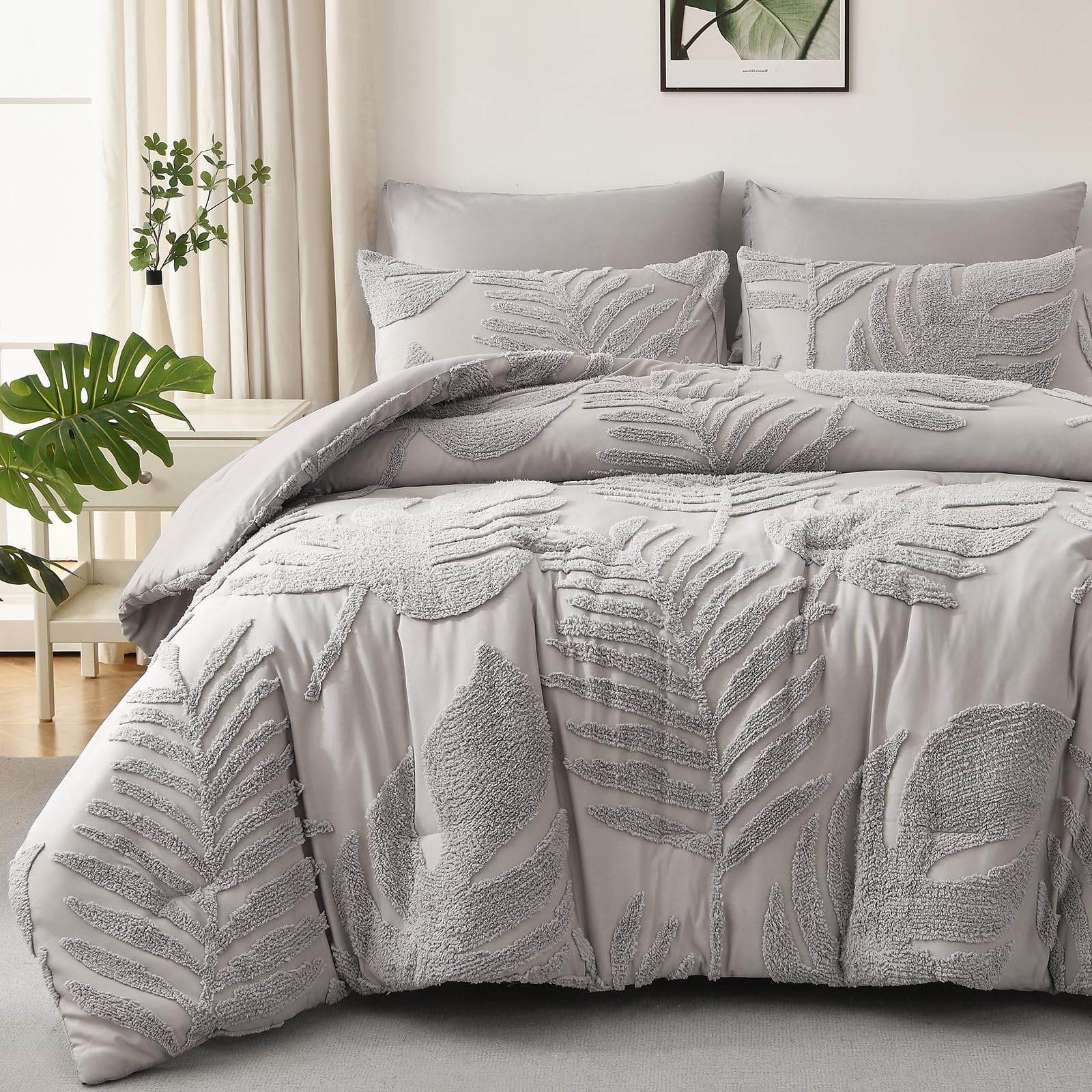 Floral Tufted Palm Leaf Comforter Set - King Size Grey Botanical Bedding
