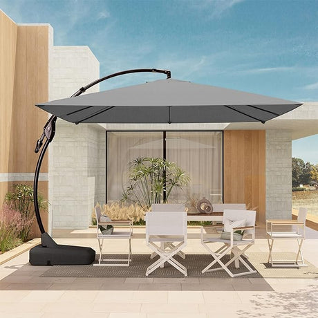 10'x10' Patio Offset Umbrella Aluminum Large Square Cantilever Umbrella with Base Included for Deck Porch (Black & White,