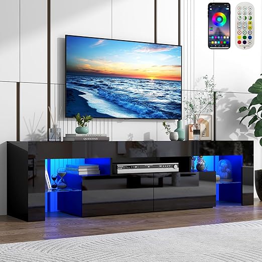 6&Fox LED Black TV Stand Stand for 55/60/65inch TV,Modern Entertainment Center