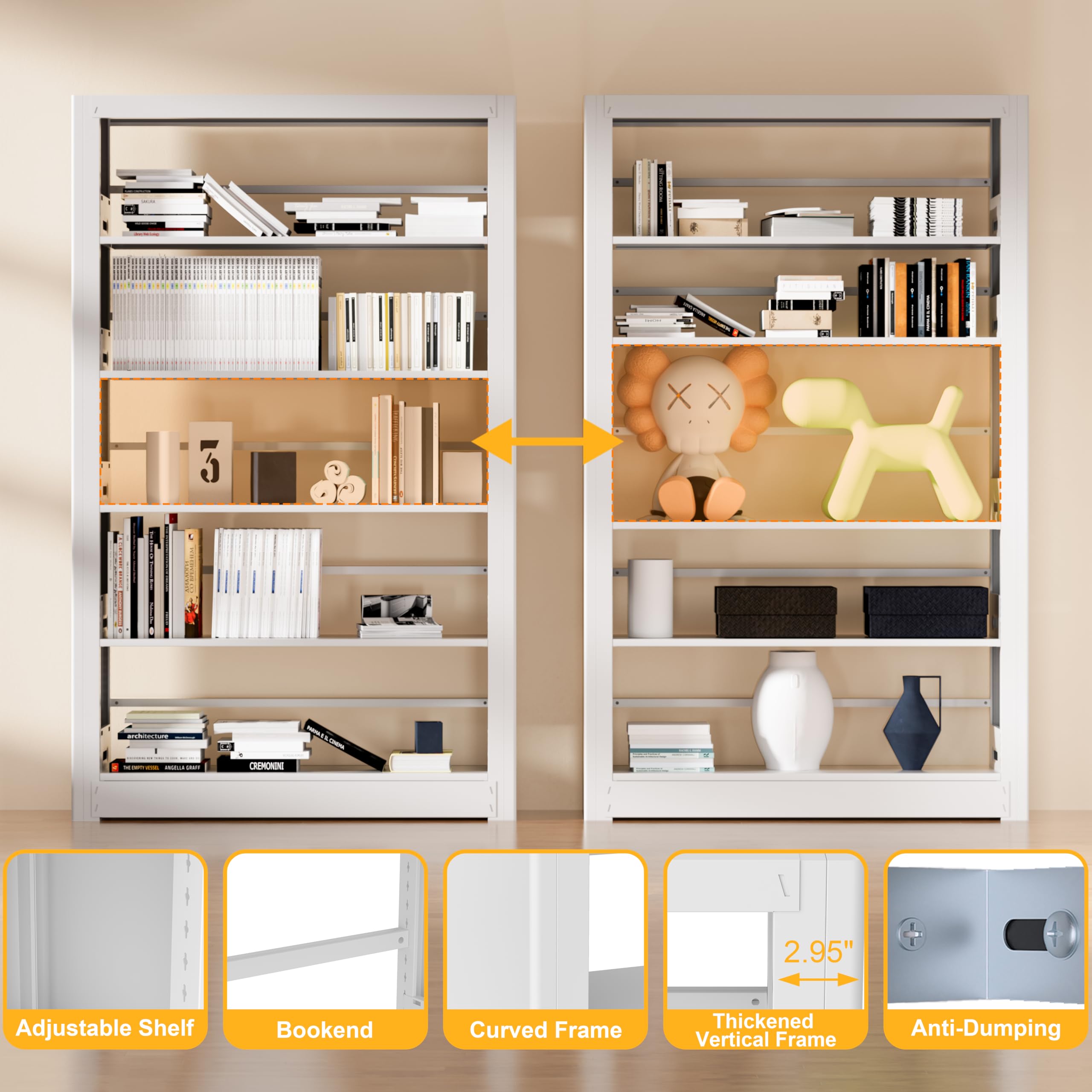 5-Tier Bookshelf, White Bookshelf with Adjustable Storage Shelves