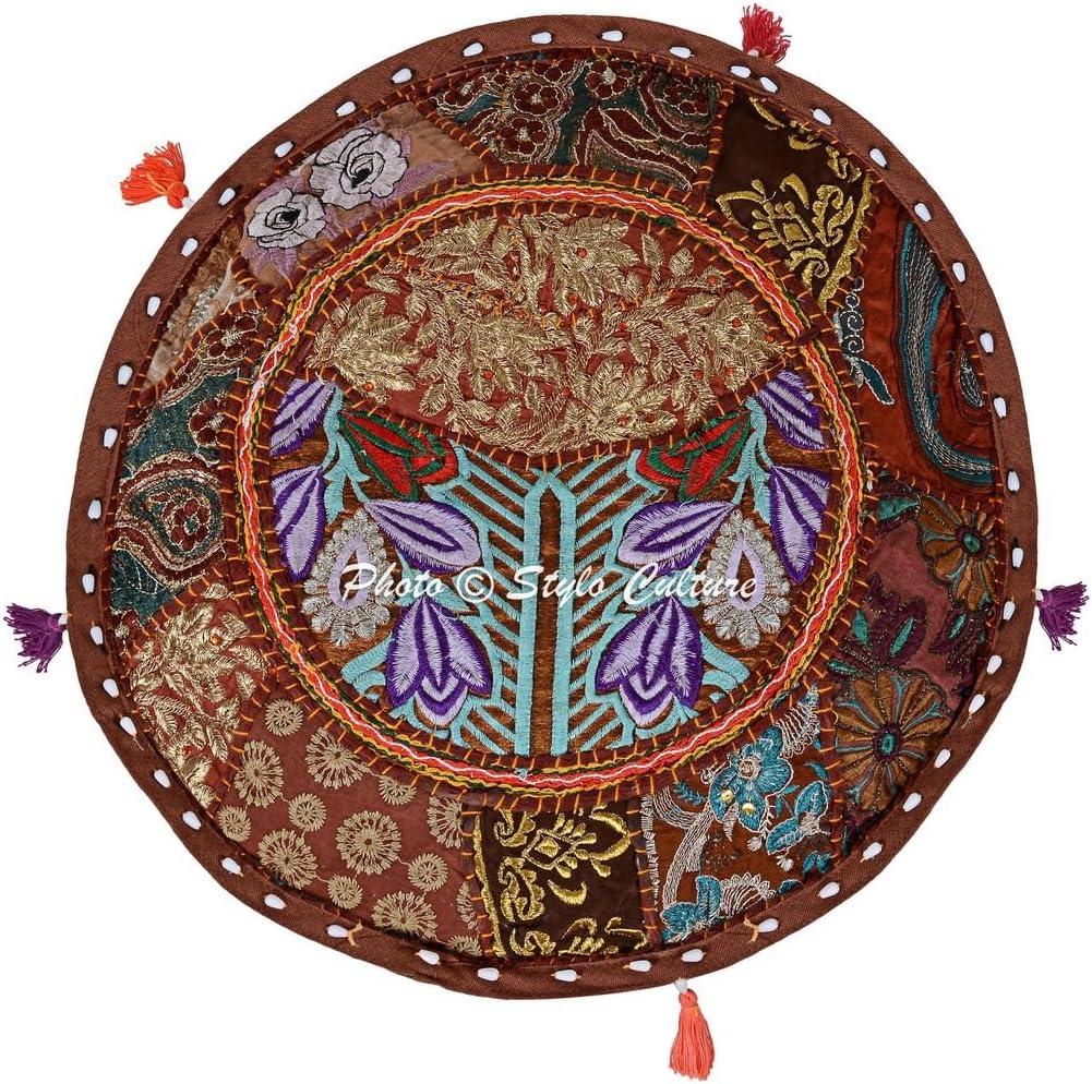Indian Pouf Cover Cotton Patchwork Embroidered Ottoman Brown Floral Pouffe Seating