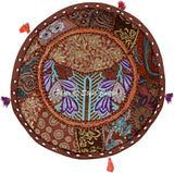 Indian Pouf Cover Cotton Patchwork Embroidered Ottoman Brown Floral Pouffe Seating