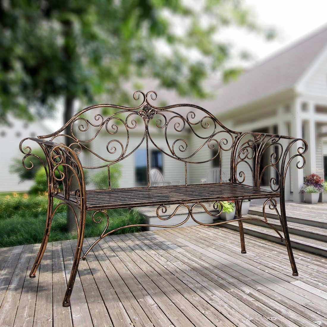 Bronze Metal Garden Bench Chair 2 Seater for Garden, Yard, Patio, Porch and Sunroom