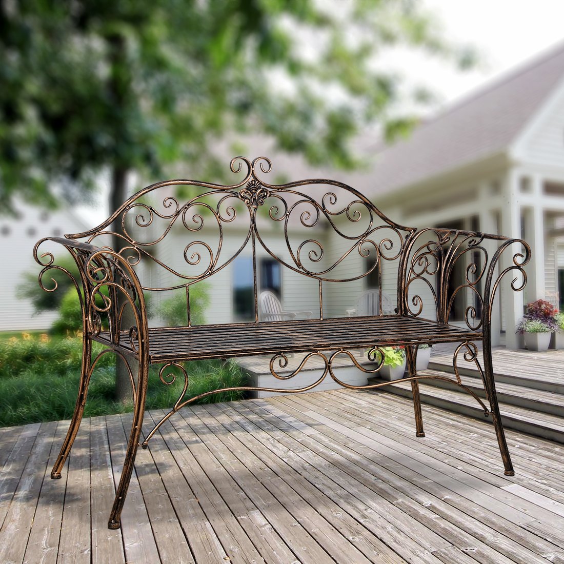 Bronze Metal Garden Bench Chair 2 Seater for Garden, Yard, Patio, Porch and Sunroom