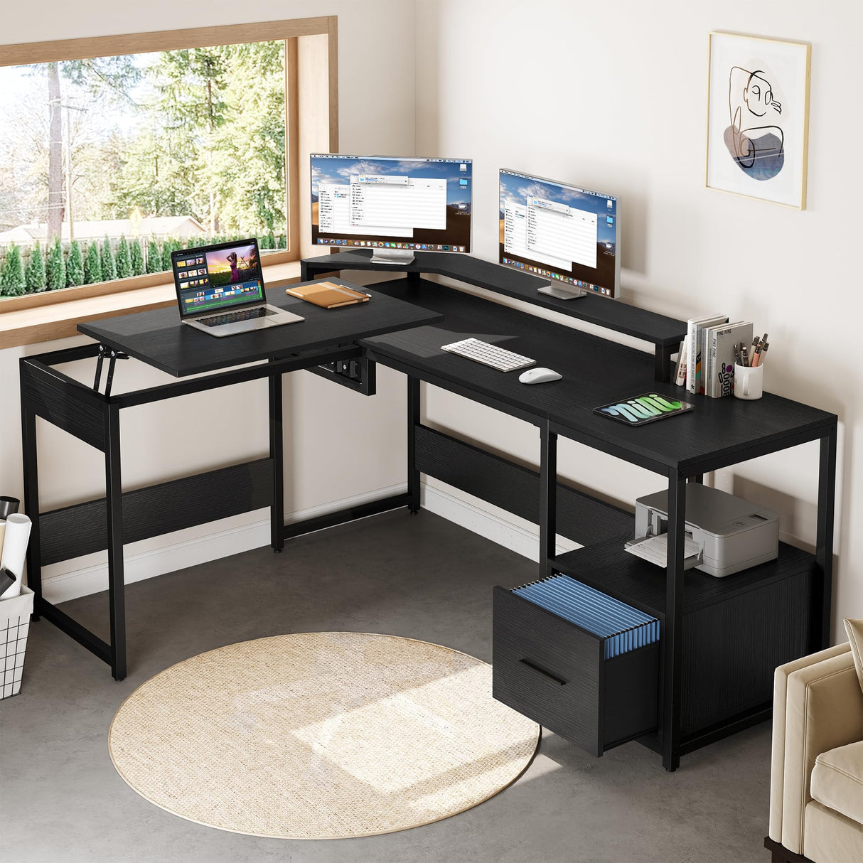 L Shaped Desk with Lift Top, 65" Adjustable Standing Desk with File Drawer