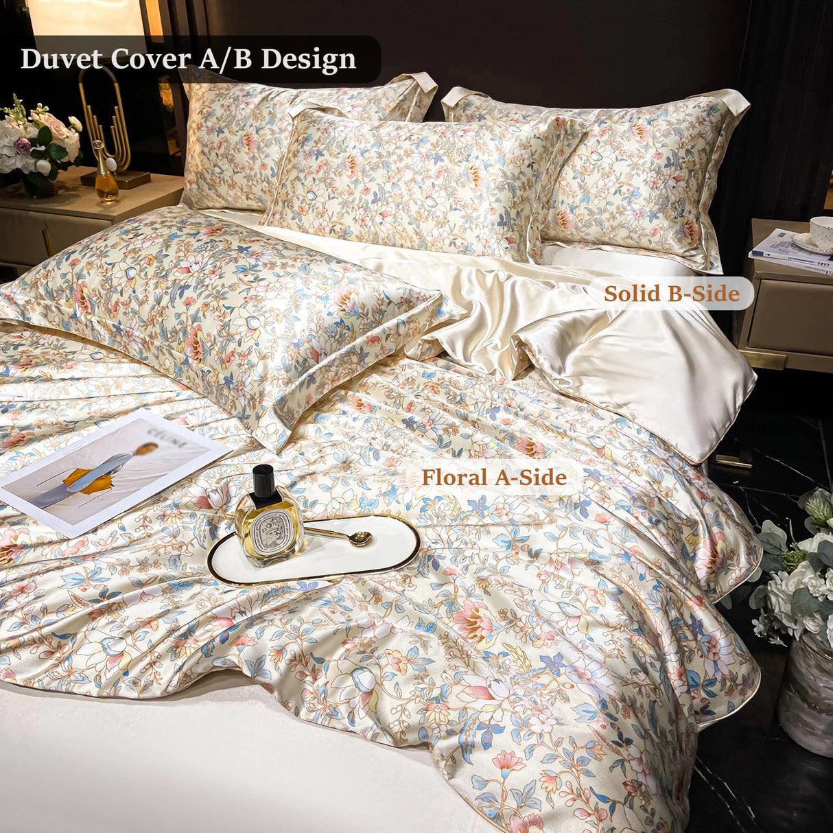 4 Piece Satin Duvet Cover King Size, Silk Like Cooling Floral Duvet Cover and Sheet Set