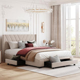 ,Linen Upholstered Platform Bedframe with 3 Drawers & Wing Shaped Headboard,Queen