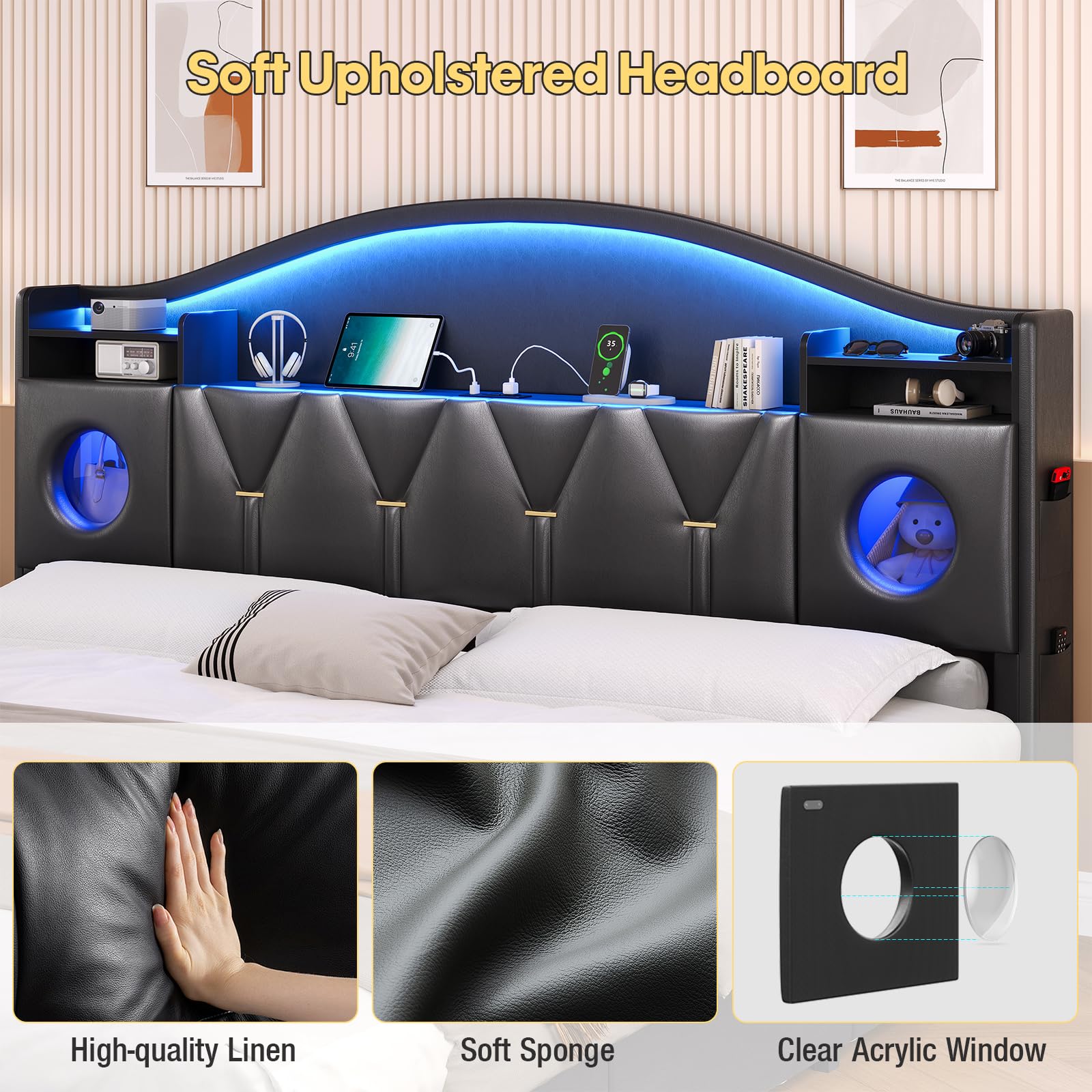 King Size Bed Frame with 6 Storage Drawers and LED Headboard