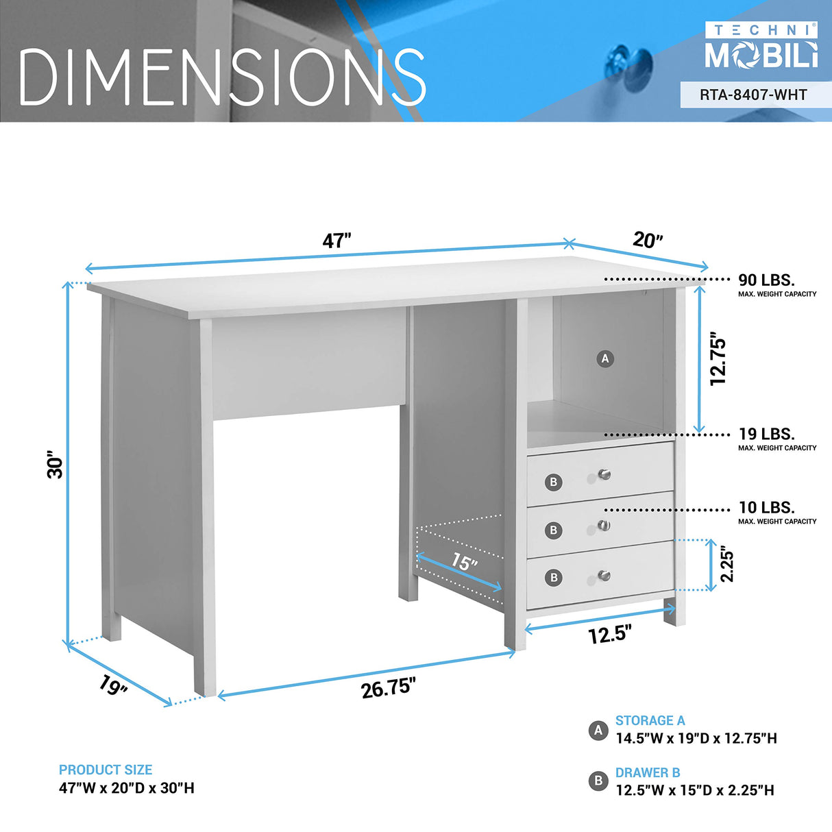 White Desk with Drawers - Small Office Desk with 3 Cabinet Drawers, Open Shelf