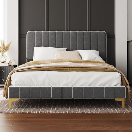 Twin Bed Frames, Modern Velvet Upholstered Platform Bed with Headboard, Soft Rounded