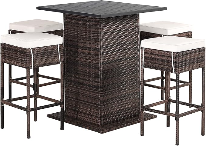 5-Piece Outdoor Bar Set, Wicker Rattan Bar Height Patio Set w/4 Cushion Bar Stools