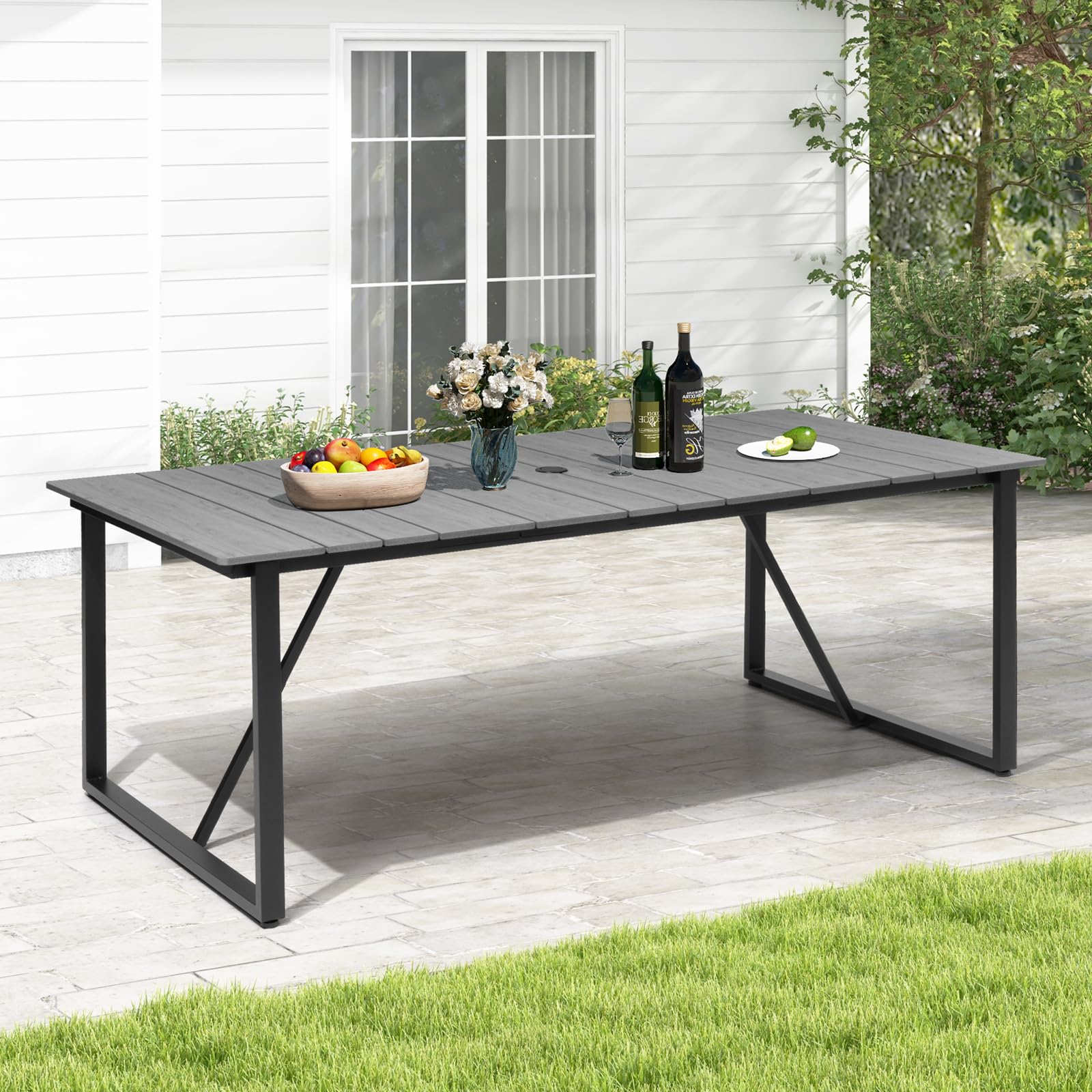 Patio Table with Umbrella Hole 83" Rectangle Indoor Outdoor Dining Table for 6-8 All Weather