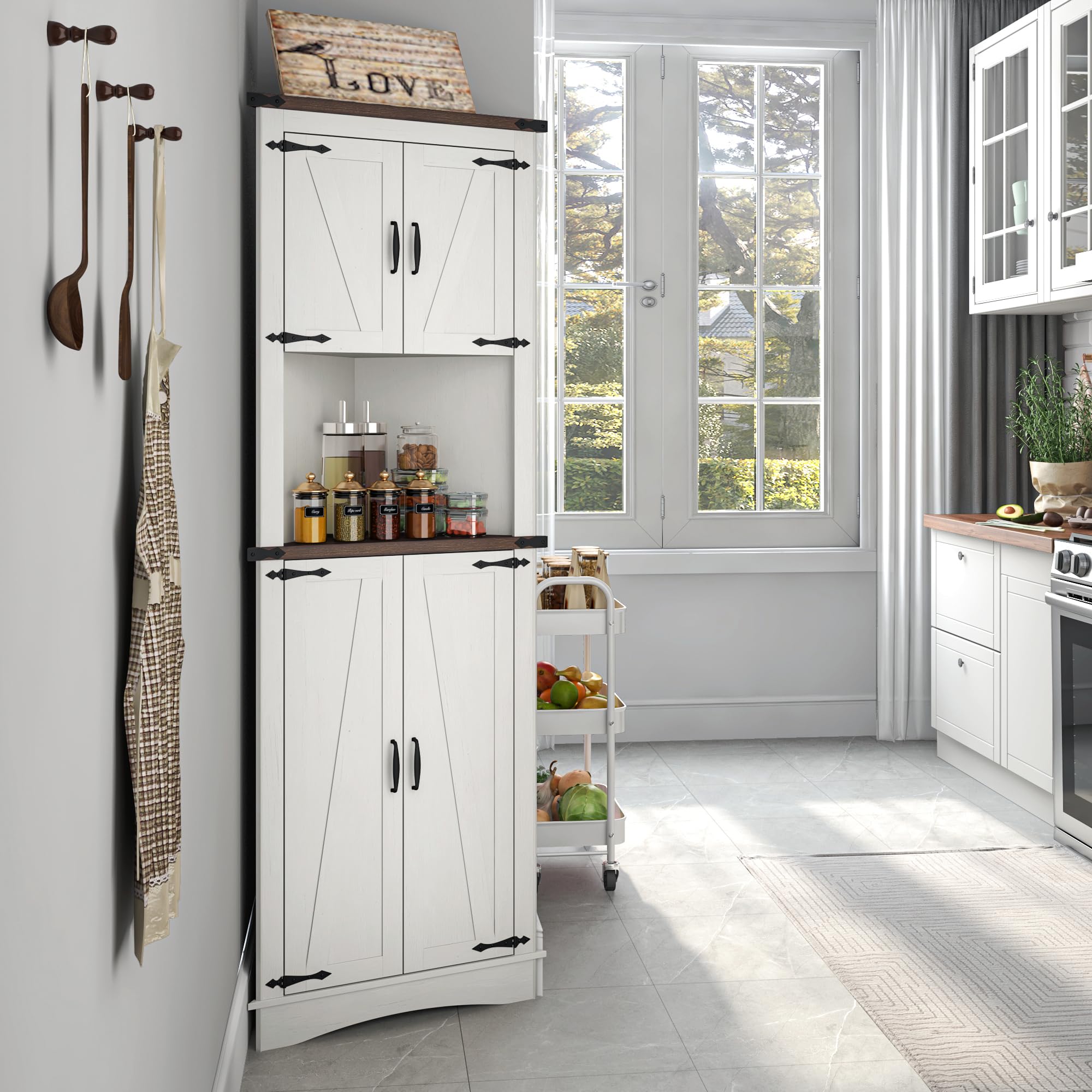 68" Tall Farmhouse Corner Cabinet, 5-Tier Storage Cabinet with 4 Barn Doors & Adjustable