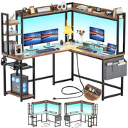 L Shaped Desk with Power Outlet, L Shaped Gaming Desk with Led Light & Hutch
