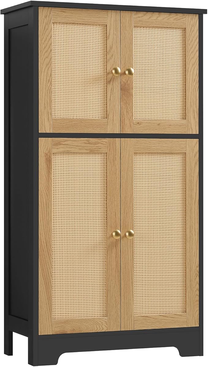 Cabinet, Storage Cabinet with 2 Adjustable Shelves, Bathroom Floor Cabinet with 4 Doors,